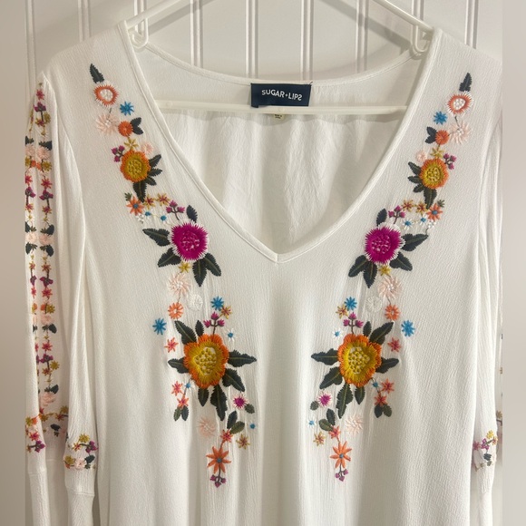 Sugarlips White Embellished Midi Dress with 3/4 Sleeves boho bohemian vacation - Picture 3 of 16